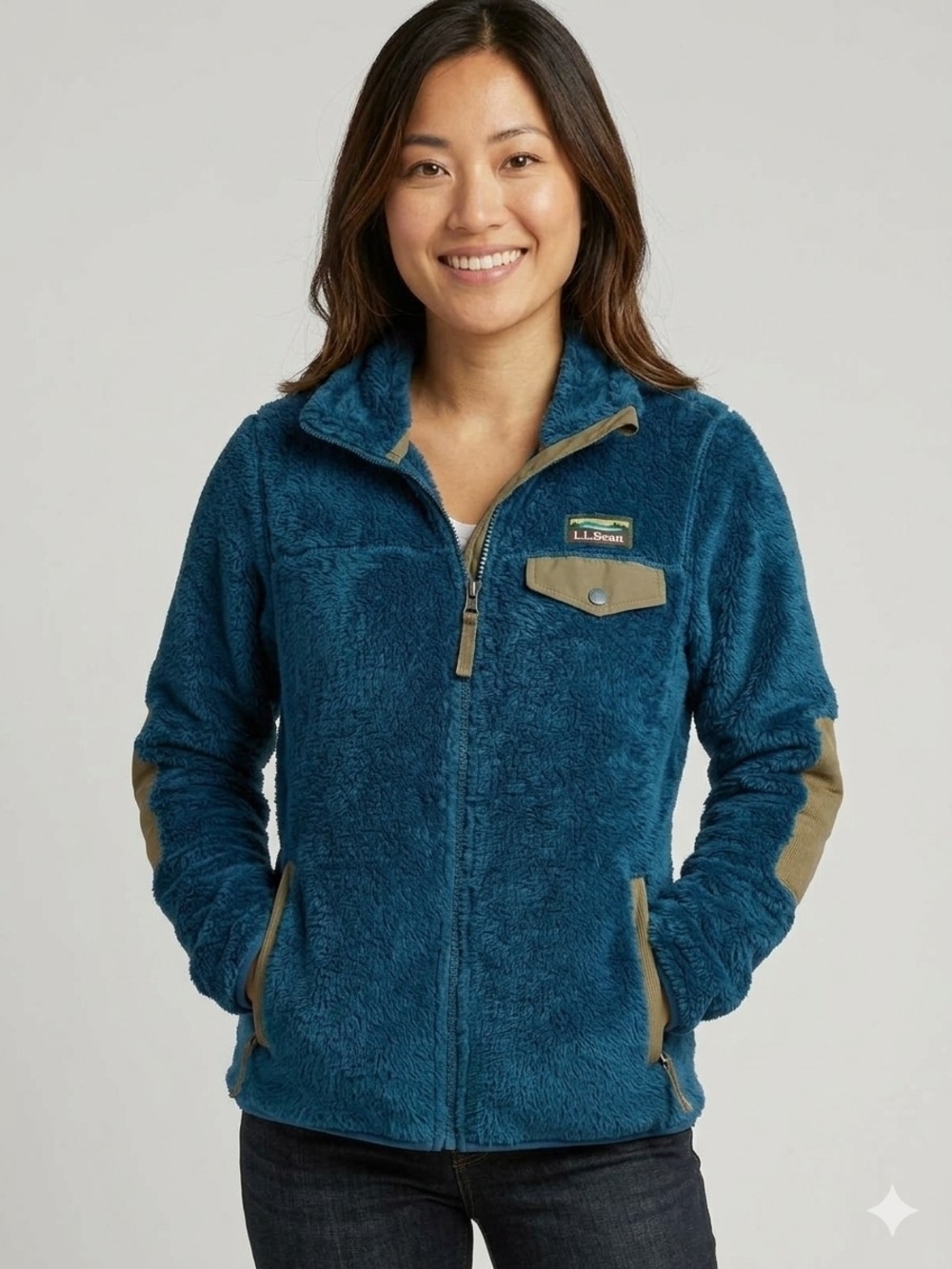 EUC SZ XS Petite L.L. Bean Women's Dark Turquoise Blue Deep Pile Zip Jacket